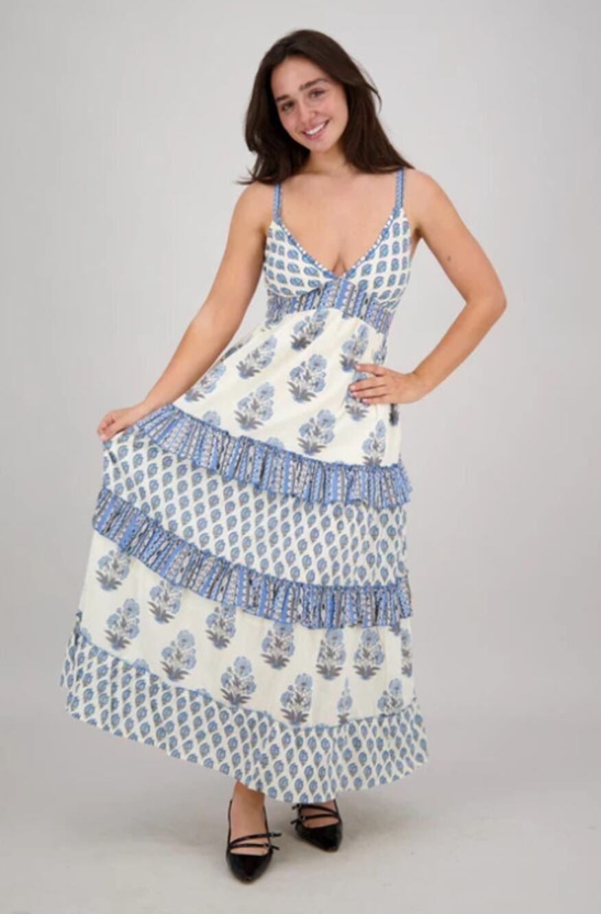 Ananta Saphira Blue Block Print Tiered Maxi Dress L/XL NWT - Coastal Romance